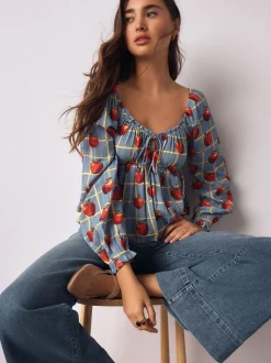 Blue Apple Print - Long Sleeve Milkmaid Top