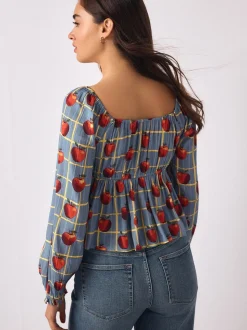Blue Apple Print - Long Sleeve Milkmaid Top