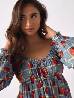 Blue Apple Print - Long Sleeve Milkmaid Top