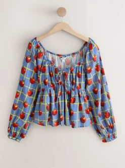 Blue Apple Print - Long Sleeve Milkmaid Top