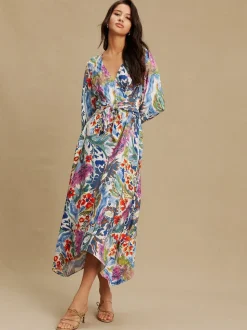 Blue/Green Floral Print - V-Neck Tie Waist Long Sleeve Midi Dress