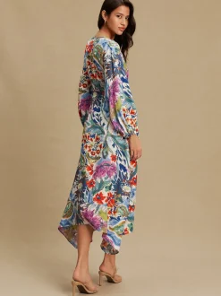 Blue/Green Floral Print - V-Neck Tie Waist Long Sleeve Midi Dress