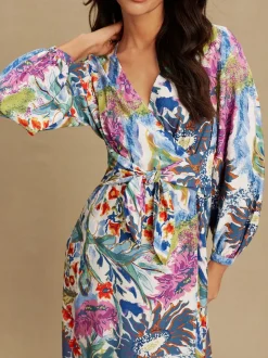 Blue/Green Floral Print - V-Neck Tie Waist Long Sleeve Midi Dress