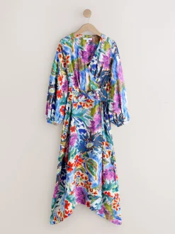Blue/Green Floral Print - V-Neck Tie Waist Long Sleeve Midi Dress