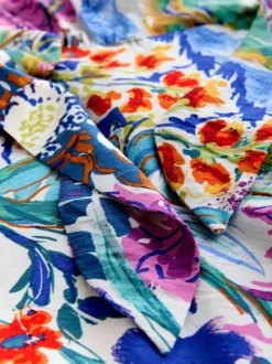 Blue/Green Floral Print - V-Neck Tie Waist Long Sleeve Midi Dress