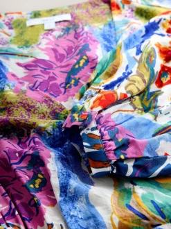Blue/Green Floral Print - V-Neck Tie Waist Long Sleeve Midi Dress
