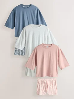 Blue/Grey/Pink Floral - Korte pyjamaset 3 stuks