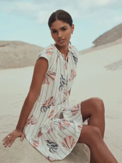 Blue/Pink Shell Print - V-Neck Tiered Mini Dress with Linen