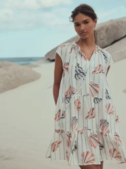 Blue/Pink Shell Print - V-Neck Tiered Mini Dress with Linen