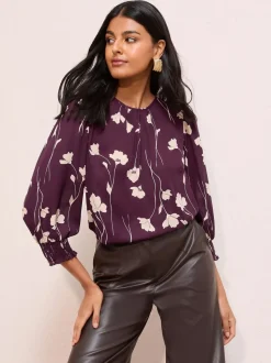 Bordeauxrode Bloemenprint - Friends Like These - Blouse met gerimpelde manchetten en 3/4 mouwen