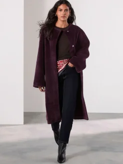 Bordeauxrood - Faux Fur Collarless Coat