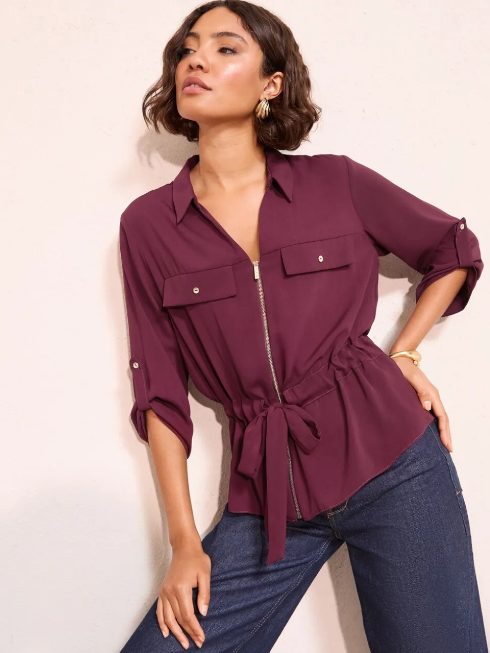 Bordeauxrood - Friends Like These Utility Style Tie Waist Shirt