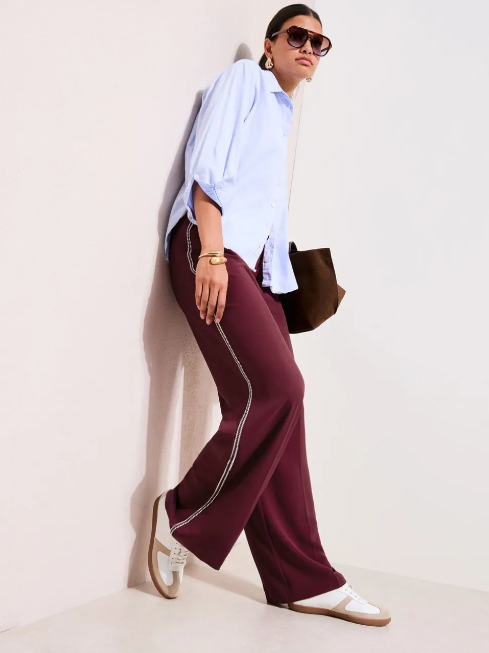 Bordeauxrood - Friends Like These Crochet Trim Wide Leg Trousers