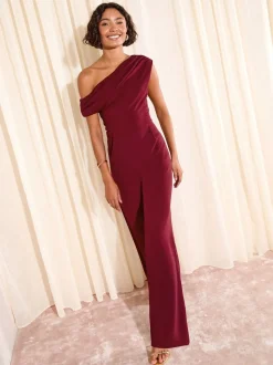 Bordeauxrood - Friends Like These Off The Shoulder Scuba Wide Leg Jumpsuit