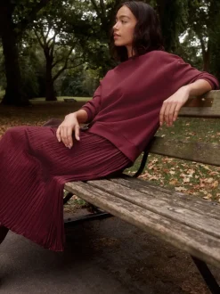 Bordeauxrood - 2-In-1 Sweatshirt met Satijnen Midi Rok
