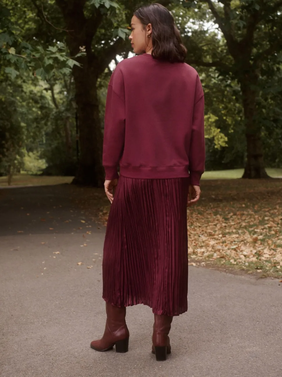 Bordeauxrood - 2-In-1 Sweatshirt met Satijnen Midi Rok
