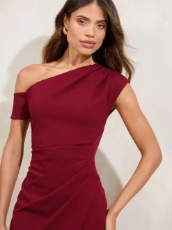 Bordeauxrood - Lipsy - Midi-jurk met blote schouders en gerimpelde taille