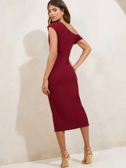 Bordeauxrood - Lipsy - Midi-jurk met blote schouders en gerimpelde taille