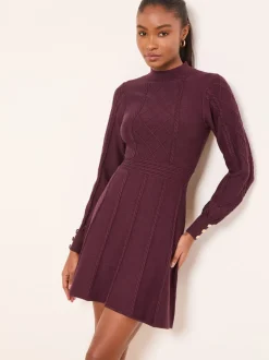 Bordeauxrood - Lipsy Mini Diamond Gebreide Mini-jurk met Lange Mouwen