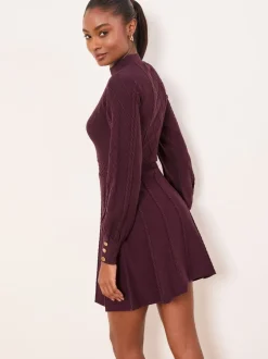 Bordeauxrood - Lipsy Mini Diamond Gebreide Mini-jurk met Lange Mouwen