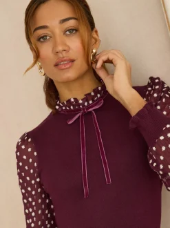 Bordeauxrood - Love & Roses Frill Neck Chiffon Sleeve Knitted Mini Dress
