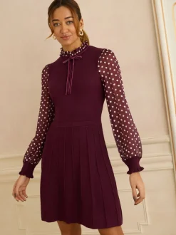 Bordeauxrood - Love & Roses Frill Neck Chiffon Sleeve Knitted Mini Dress