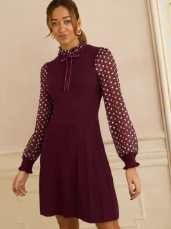 Bordeauxrood - Love & Roses Frill Neck Chiffon Sleeve Knitted Mini Dress