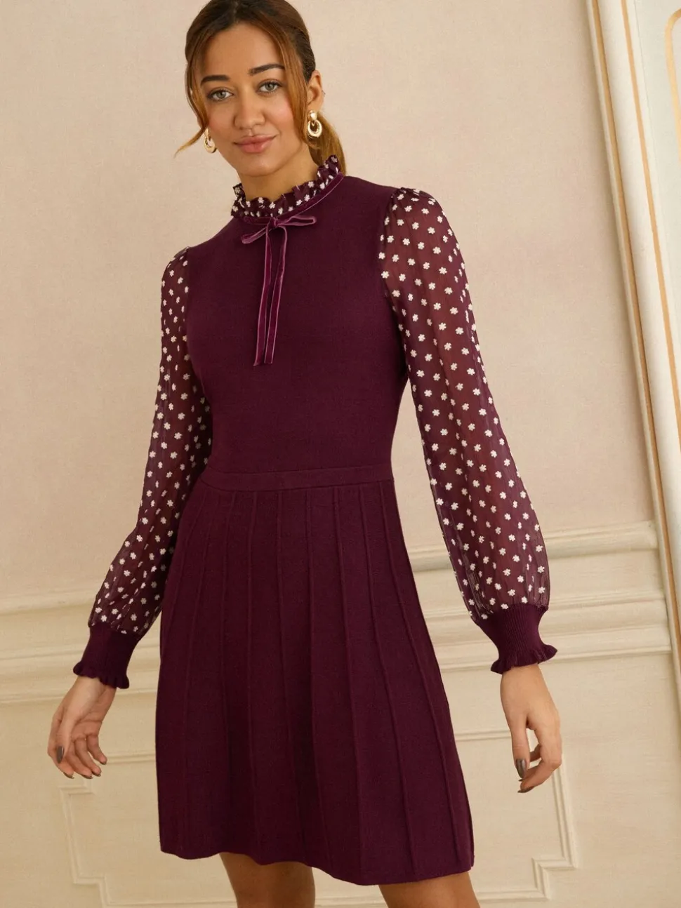 Bordeauxrood - Love & Roses Frill Neck Chiffon Sleeve Knitted Mini Dress