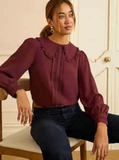 Bordeauxrood - Love & Roses blouse met lange mouwen en frillkraag