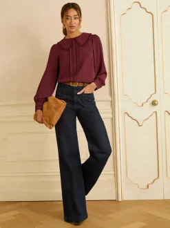Bordeauxrood - Love & Roses blouse met lange mouwen en frillkraag