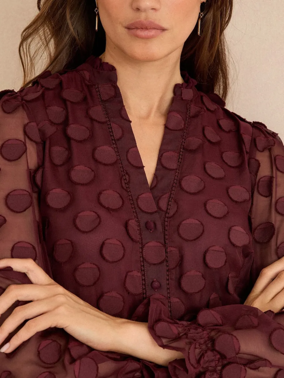 Bordeauxrood - Love & Roses 3D blouse met lange mouwen en stippen