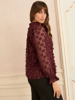 Bordeauxrood - Love & Roses 3D blouse met lange mouwen en stippen
