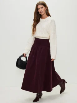 Bordeauxrood - Midi rok van corduroy met verlaagde taille