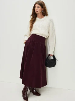 Bordeauxrood - Midi rok van corduroy met verlaagde taille