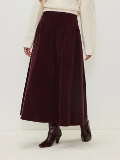 Bordeauxrood - Midi rok van corduroy met verlaagde taille
