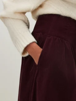 Bordeauxrood - Midi rok van corduroy met verlaagde taille