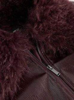 Bordeauxrood - PU Jacket with Faux Fur Trims