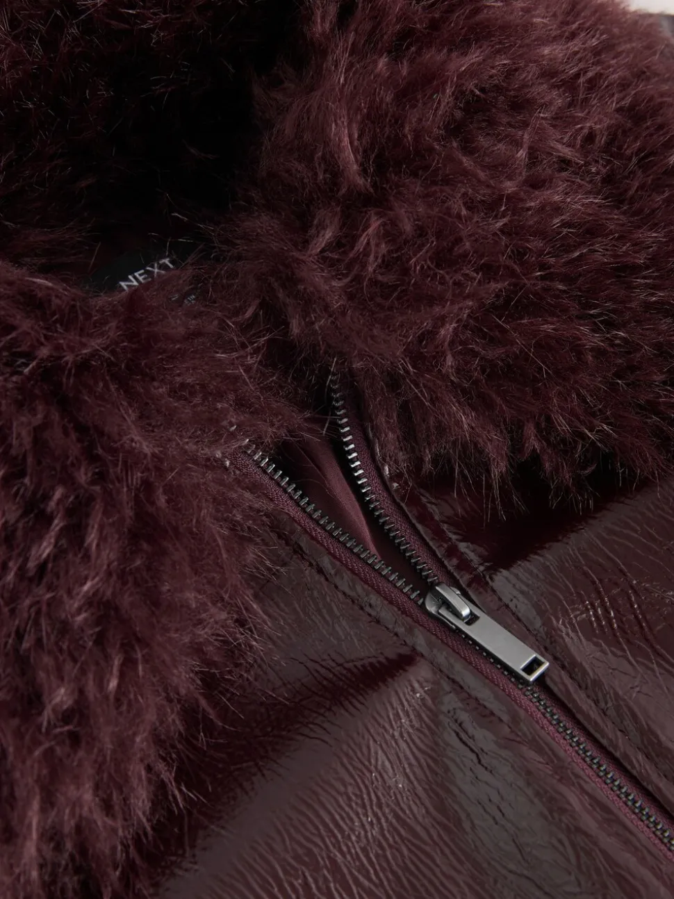 Bordeauxrood - PU Jacket with Faux Fur Trims