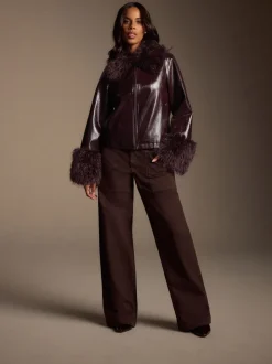 Bordeauxrood - PU Jacket with Faux Fur Trims