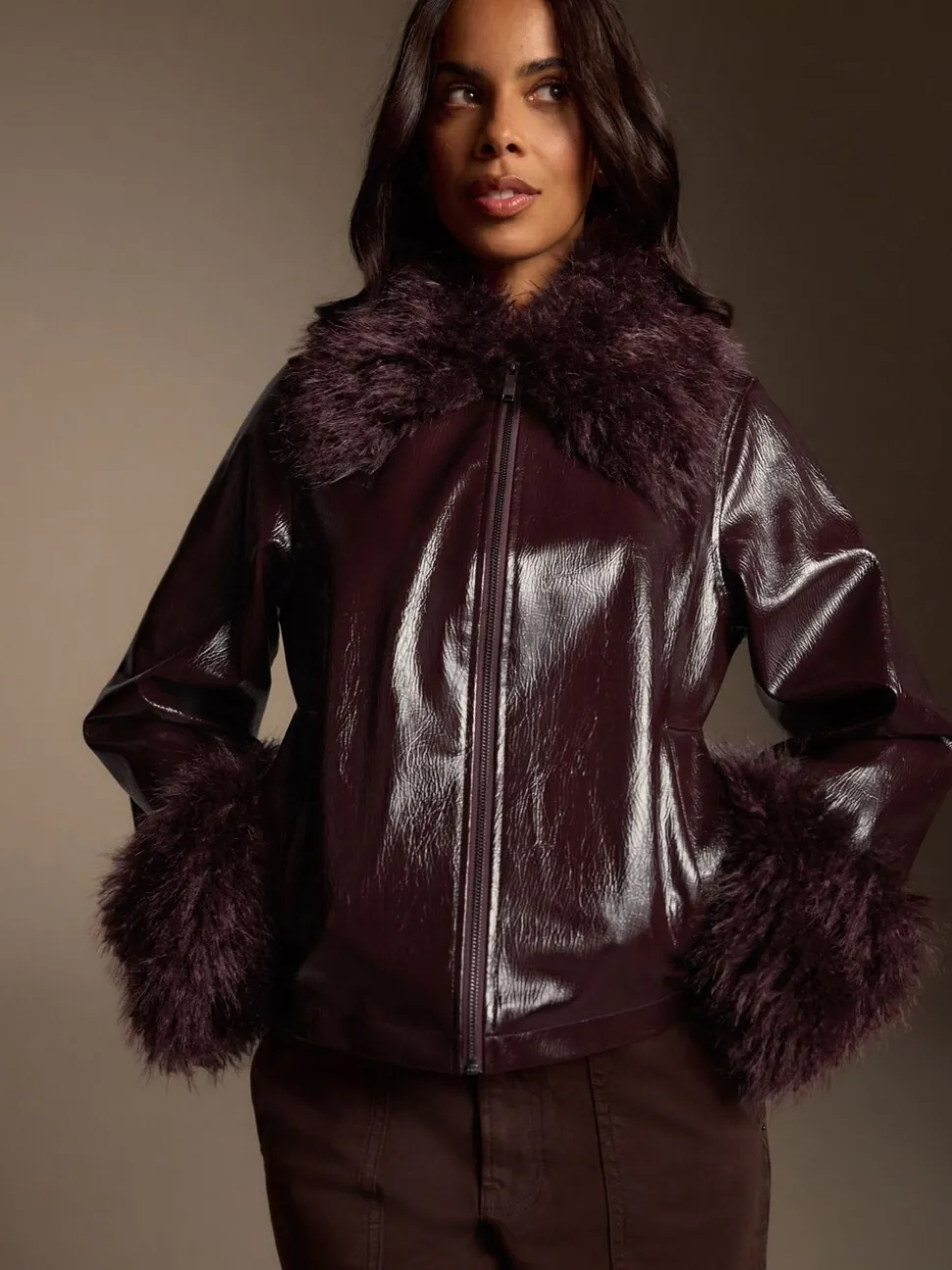 Bordeauxrood - PU Jacket with Faux Fur Trims
