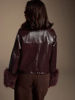 Bordeauxrood - PU Jacket with Faux Fur Trims