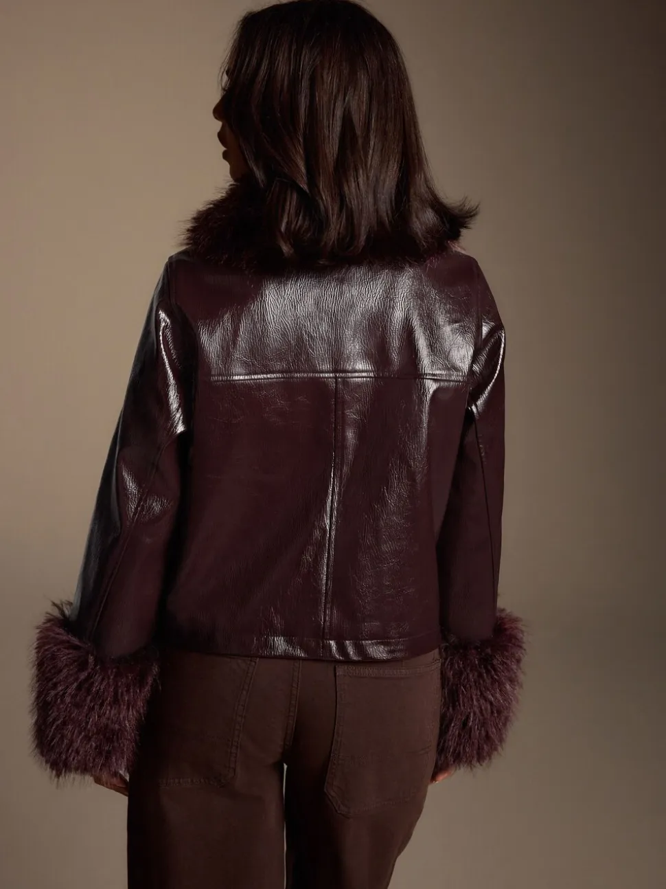 Bordeauxrood - PU Jacket with Faux Fur Trims