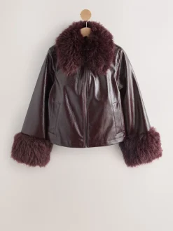 Bordeauxrood - PU Jacket with Faux Fur Trims