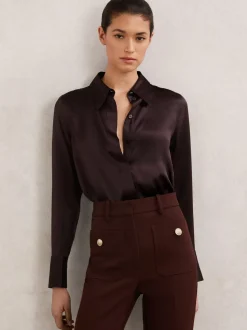 Bordeauxrood - Reiss Ameira Silk-Satin Concealed-Placket Shirt