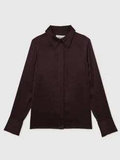 Bordeauxrood - Reiss Ameira Silk-Satin Concealed-Placket Shirt
