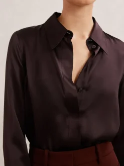 Bordeauxrood - Reiss Ameira Silk-Satin Concealed-Placket Shirt