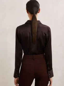 Bordeauxrood - Reiss Ameira Silk-Satin Concealed-Placket Shirt