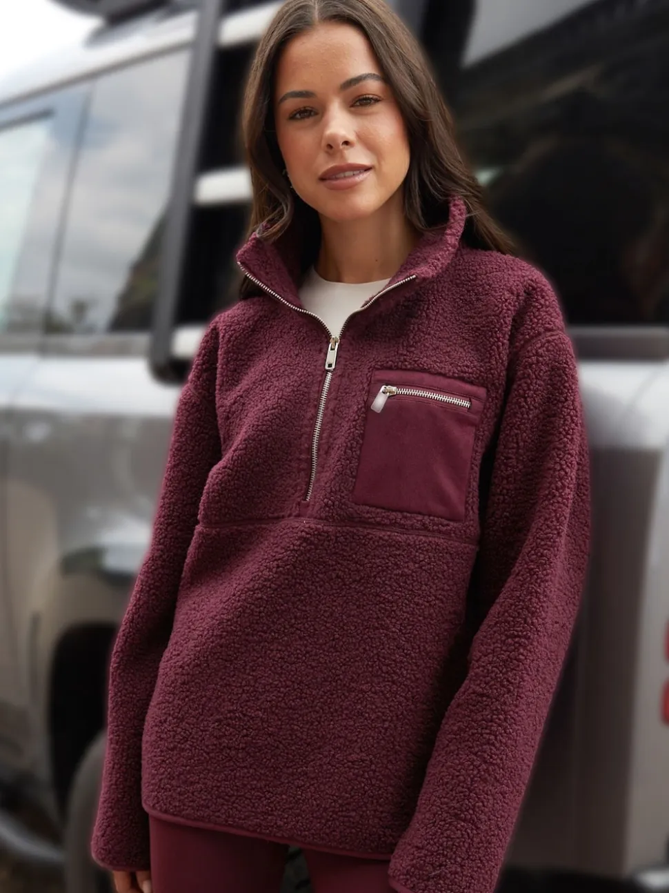 Bordeauxrood - Threadbare borgfleece met korte rits