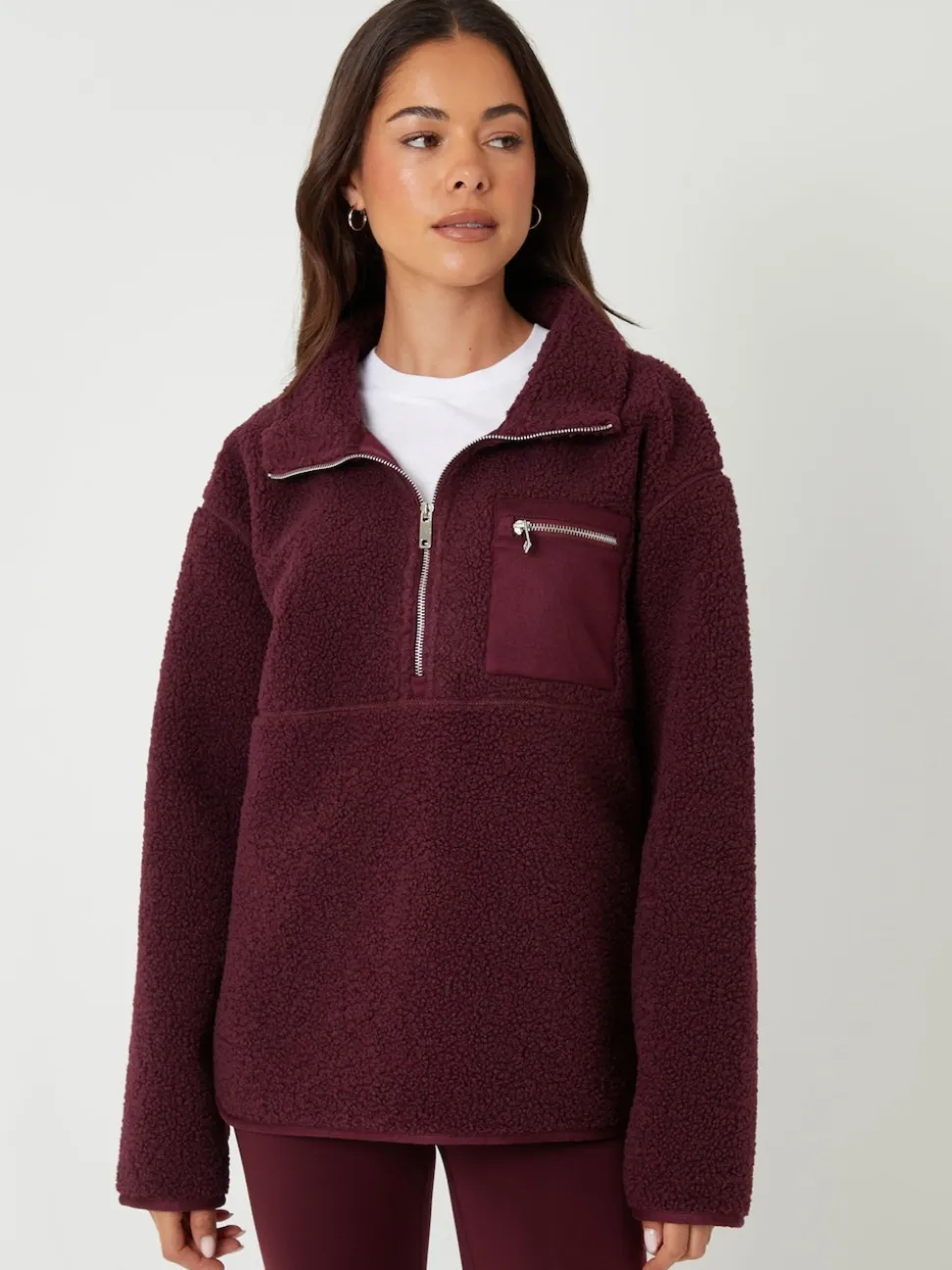 Bordeauxrood - Threadbare borgfleece met korte rits