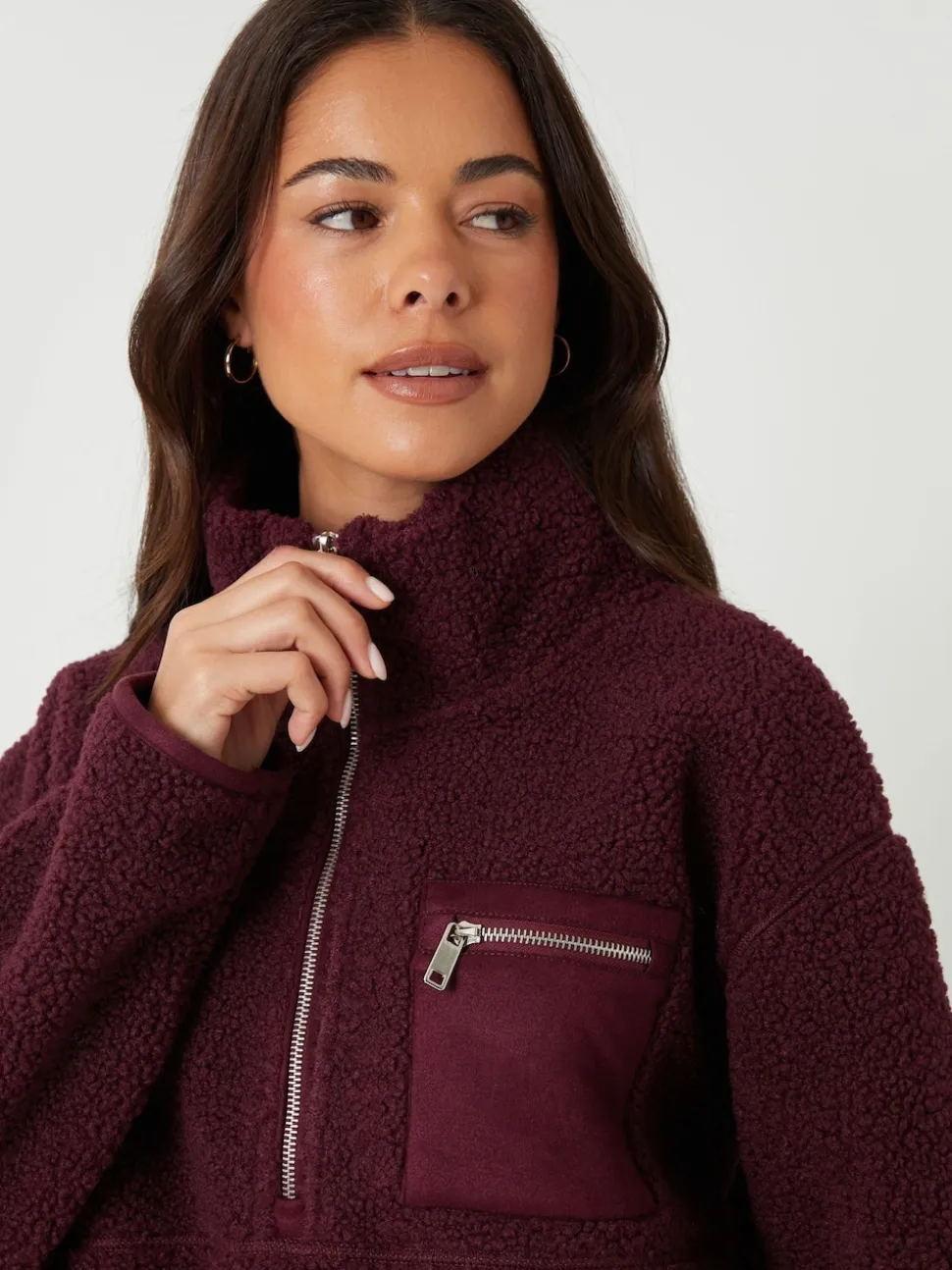 Bordeauxrood - Threadbare borgfleece met korte rits